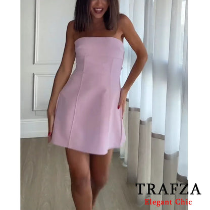 TRAFZA Süßes Sexy Rosa Wickel-Minikleid Damen Schleife Kurzes Schwarzloses Kleid Neu 2024 Sommerurlaub Nachtclub Party Minikleid