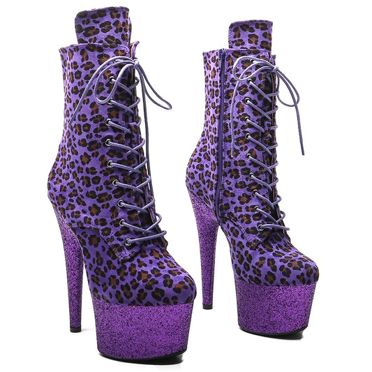 Leecabe 7inch/17CM  Leopard Upper with glitter High Heel platform Boots closed toe Pole Dance boot