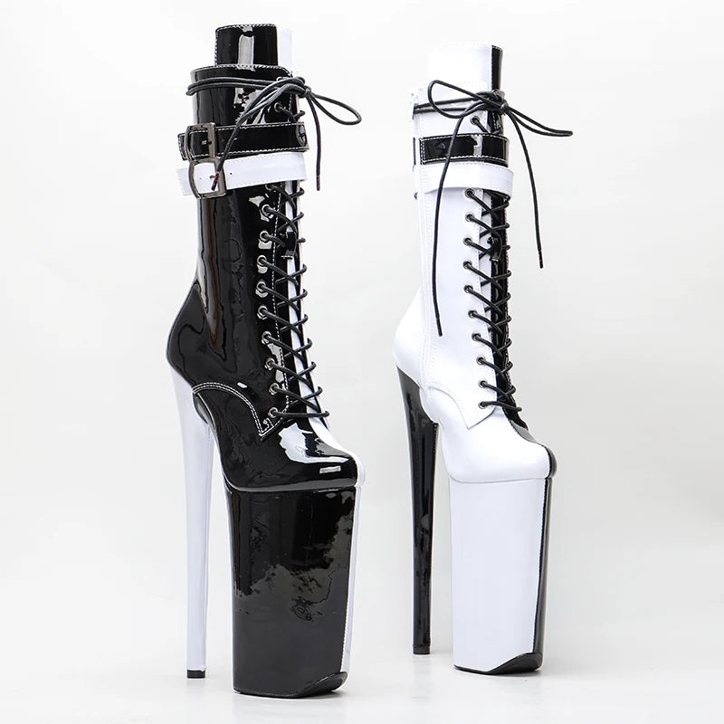 Leecabe  26CM/10inches  Black with white color  patent PU sexy exotic High Heel platform party shoes Pole Dance boot