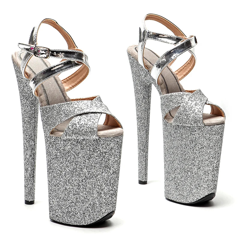 Leecabe 23CM / 9inches  PU with  Glitter  fashion  Platform High Heels Sandals Pole Dance shoes