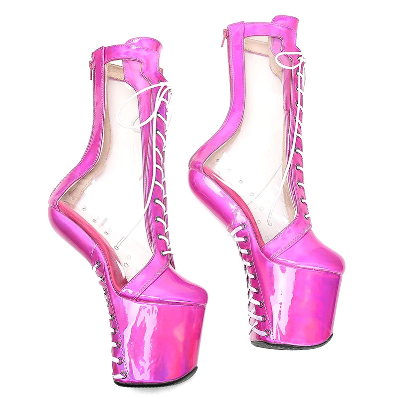 Leecabe  PVC with shinny PU Upper  Platform Ankle Boots Sexy Exotic heelless pole dance shoes