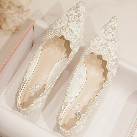 Embroidered Bridal Shoes Wedding Shoes Retro French Sandals 6.5cm High Heels Single Shoes Thin Heels Banquet Pointed Pumps 34-39