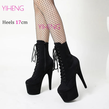 Bottines sexy et exotiques en daim de 17 cm et 7 pouces pour femme, chaussures de pole dance, talons hauts, plateforme, tête ronde, lacets