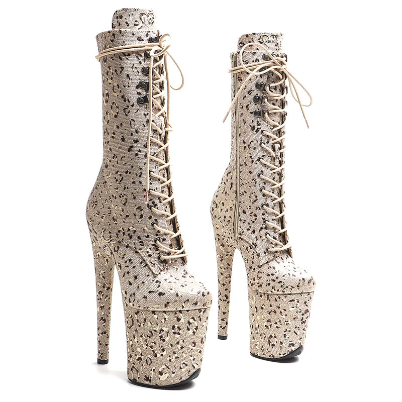 Leecabe  20CM/8Inch  Leopard print  Glitter upper   Platform disco party High Heels Shoes Pole Dance boot