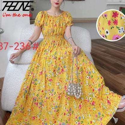 THHONE Robes Robe Maxi Longue Robe Femmes Été Vêtements Indiens Bohème Coton Lin Floral Manches Courtes Style Coréen Décontracté