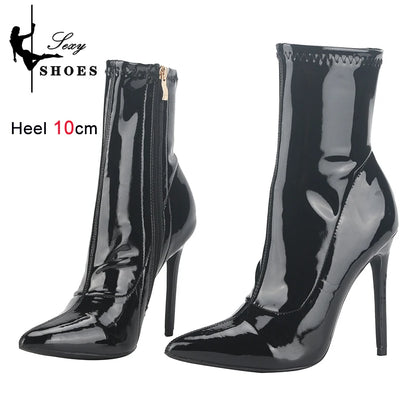 Bottines sexy à talons fins pour femmes, 10 cm, 12 cm, bottes courtes en cuir verni brillant, chaussures de bureau à talons hauts pour femmes