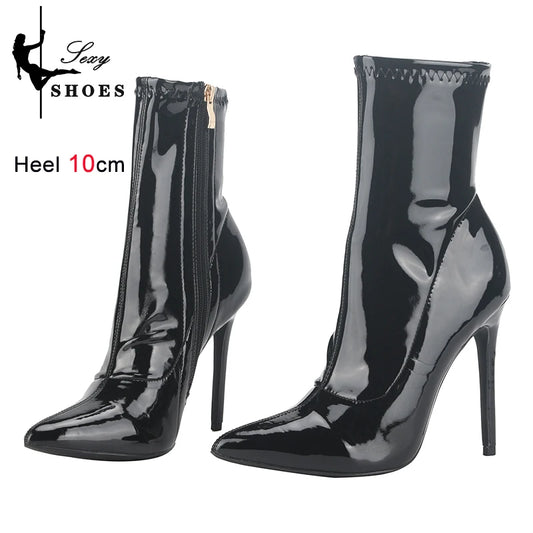 Bottines à talons fins pour femmes de 10 cm avec fermeture éclair latérale, bottes courtes en cuir verni brillant, talons hauts, chaussures de bureau d'automne pour femmes