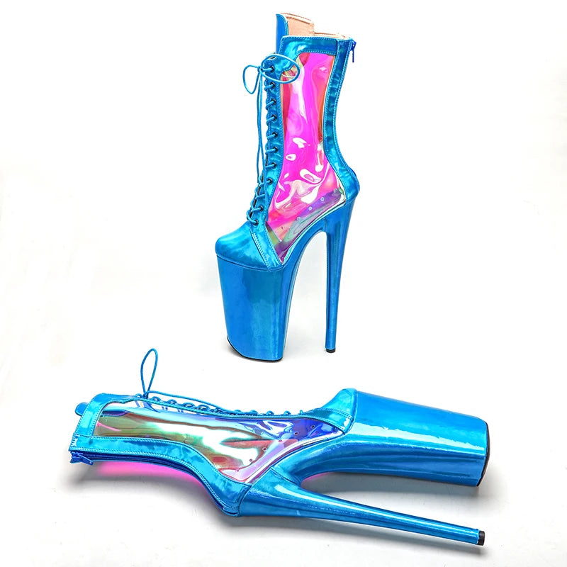 Leecabe 26CM/10 pouces Tige en PU brillant avec holographie transparente sexy exotique plateforme à talons hauts Pole Dance boot