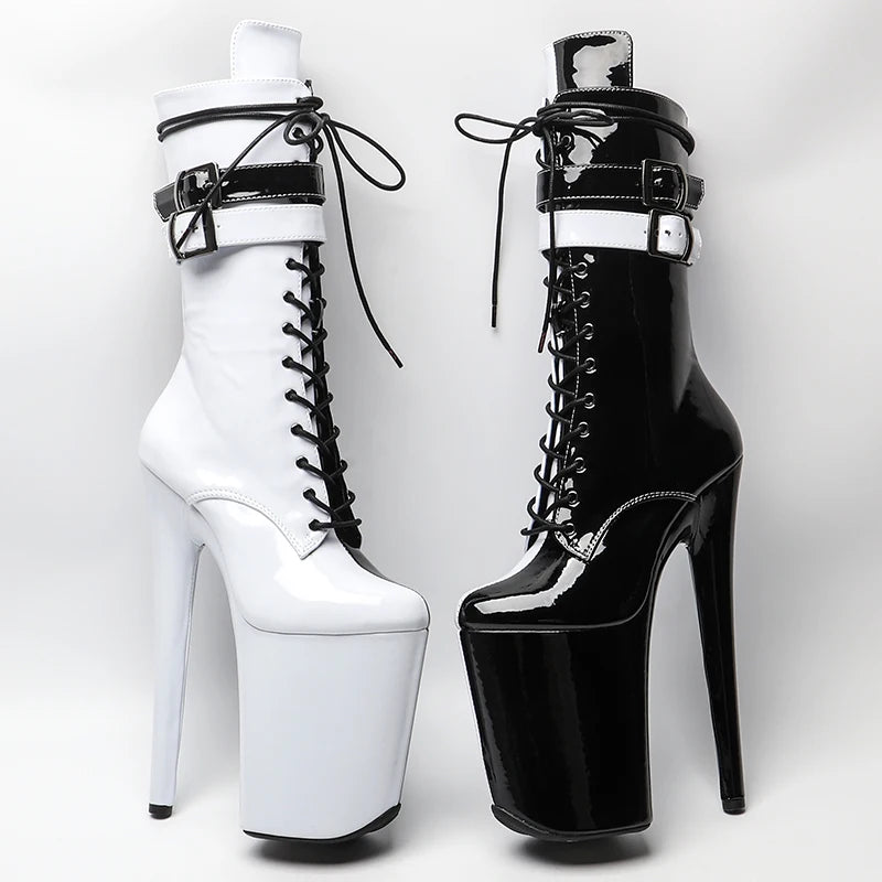 Leecabe 23CM/9inches Patent upper white color   with black color  Two color Mix Sexy boots  High Heels Platform Pole Dance shoes