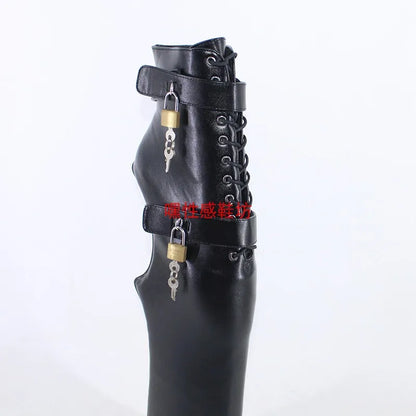 Bottes au genou à talon sabot CACA 38 cm, chaussures de spectacle de scène sexy en cuir SM, bottines de cosplay fétichistes, bottines à plateformes, noires, livraison directe personnalisée