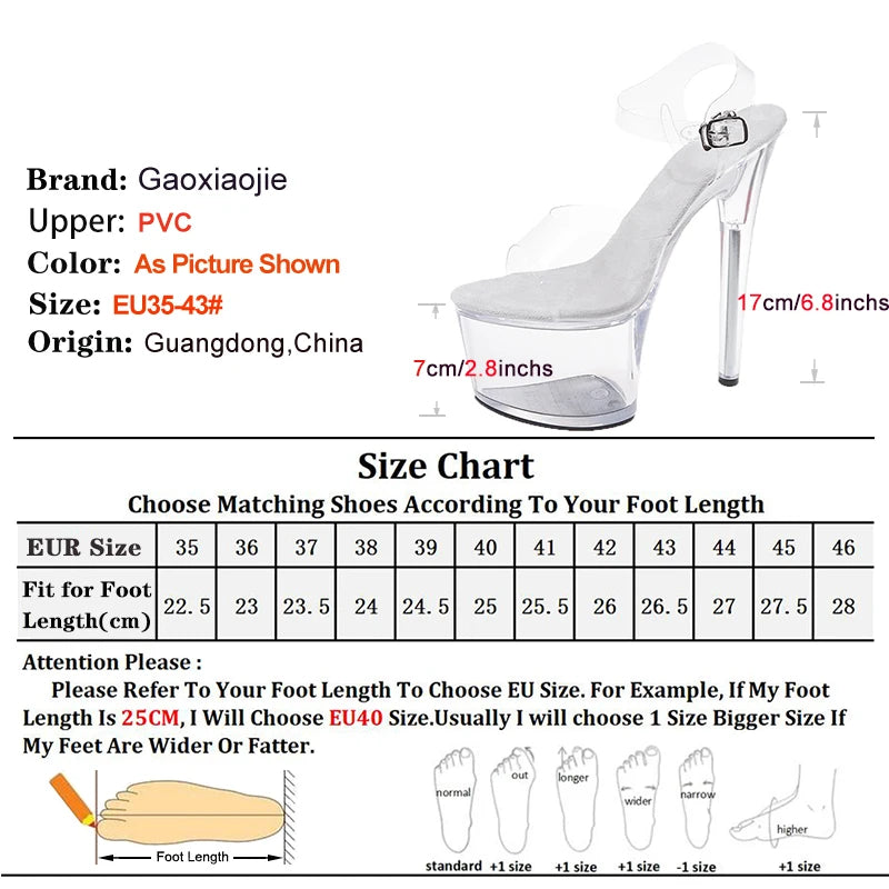 Chaussures en cristal pour femmes 17/20 cm, semelles intérieures antidérapantes, chaussures de pole dance, talon fin, bride à la cheville, sandales transparentes, talon plateforme étanche