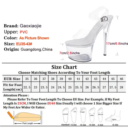 Chaussures en cristal pour femmes 17/20 cm, semelles intérieures antidérapantes, chaussures de pole dance, talon fin, bride à la cheville, sandales transparentes, talon plateforme étanche