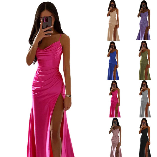 Robe tube froncée en satin fendue pour femme, nouveau style d'été 2024, robe sexy slim aux hanches, déesse sexy exclusive