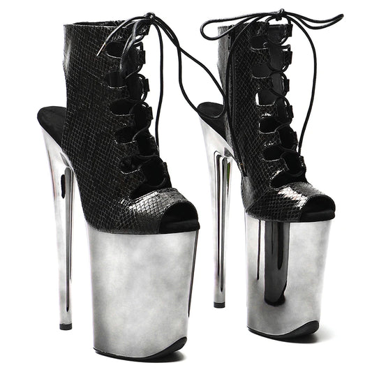 Leecabe 23CM/9inches Schlangenleder PU Offene Spitze Gun Galvanik Plateau Pole Dance Schuhe High Heels Pole Dance Stiefel