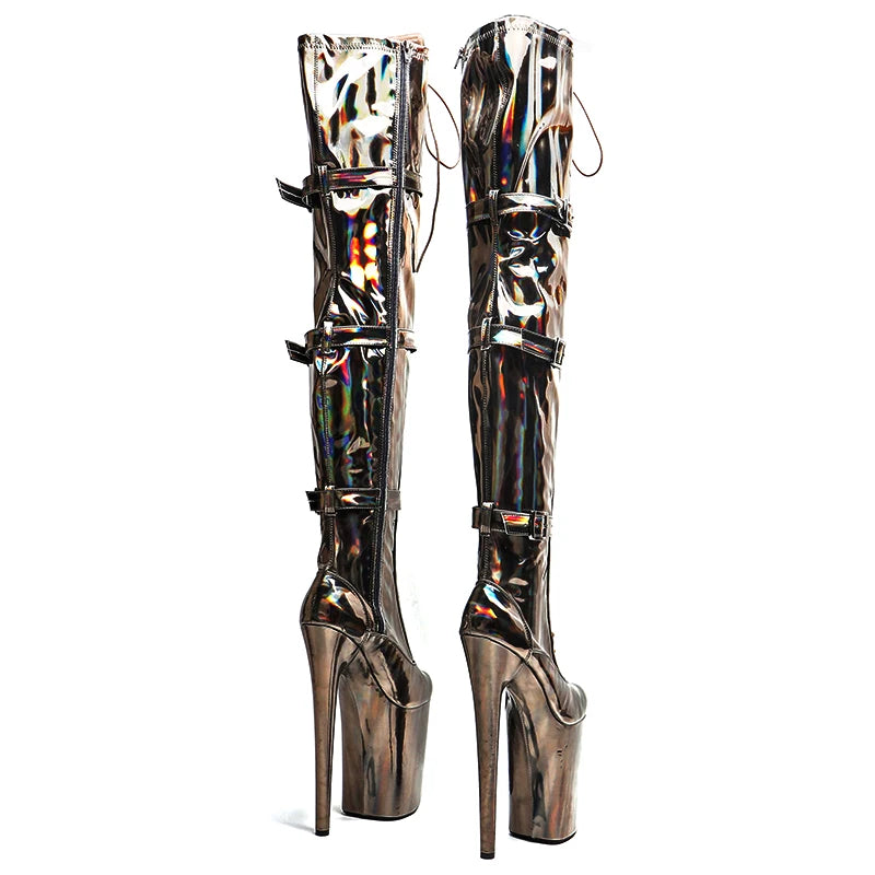 Leecabe 23CM/9 Zoll Holografie Glänzendes PU Obermaterial Modetrend Plateau High Heel Stripperabsatz Pole Dance Stiefel