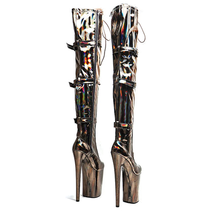 Leecabe 23CM/9 Zoll Holografie Glänzendes PU Obermaterial Modetrend Plateau High Heel Stripperabsatz Pole Dance Stiefel