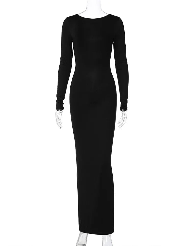 Hugcitar Frühling Elegant Langarm Rückenfrei Einfarbig Cuched Sexy Bodycon Maxi Ballkleid Frauen Outfit Abend Party Festival Y2K