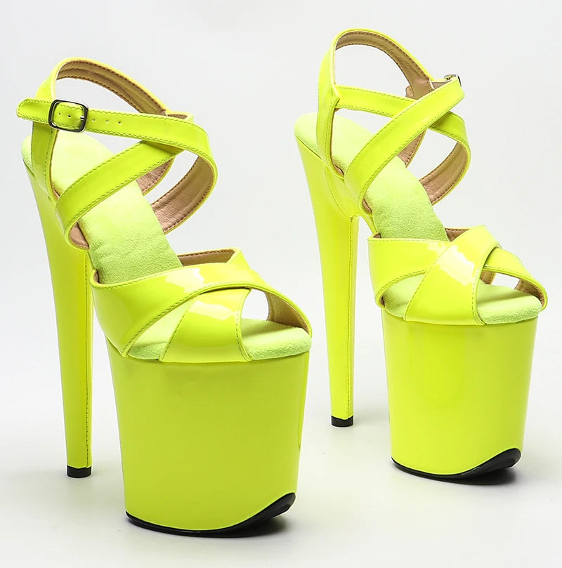 Leecabe 20cm/8inch Brillant Verni PU Couleur Jaune fluo Sandales à talons hauts Modèle sexy Chaussures Pole Dance Chaussures