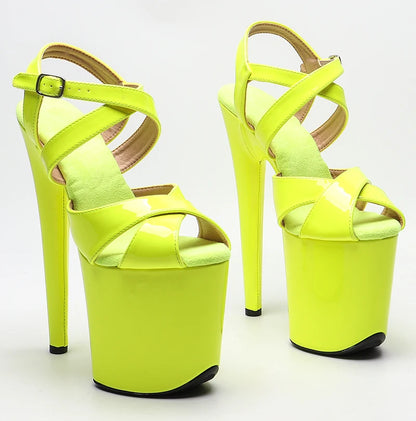 Leecabe 20cm/8inch Brillant Verni PU Couleur Jaune fluo Sandales à talons hauts Modèle sexy Chaussures Pole Dance Chaussures