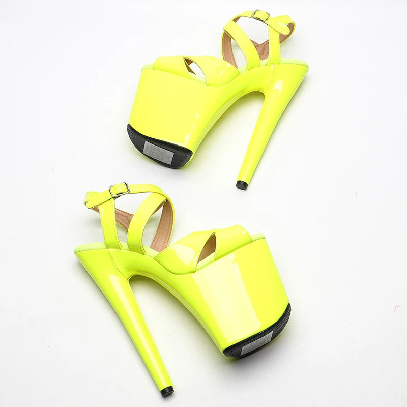 Leecabe 20cm/8inch Brillant Verni PU Couleur Jaune fluo Sandales à talons hauts Modèle sexy Chaussures Pole Dance Chaussures