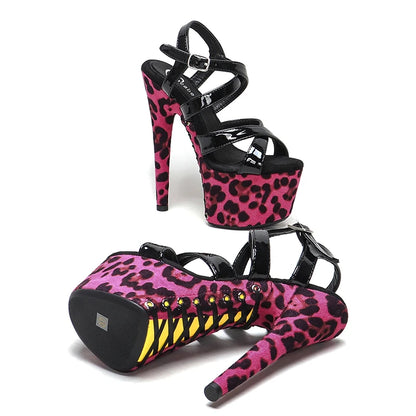 Leecabe17CM/7Inch Patent PU Upper  Leopard  Platform Sandals  party High Heels Shoes Pole Dancing Shoes