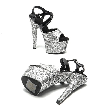 Leecabe 17CM/7Inch   Black  shiny Patent PU with   Silver Glitter party  Platform High Heels Pole Dancing Sandals Shoes