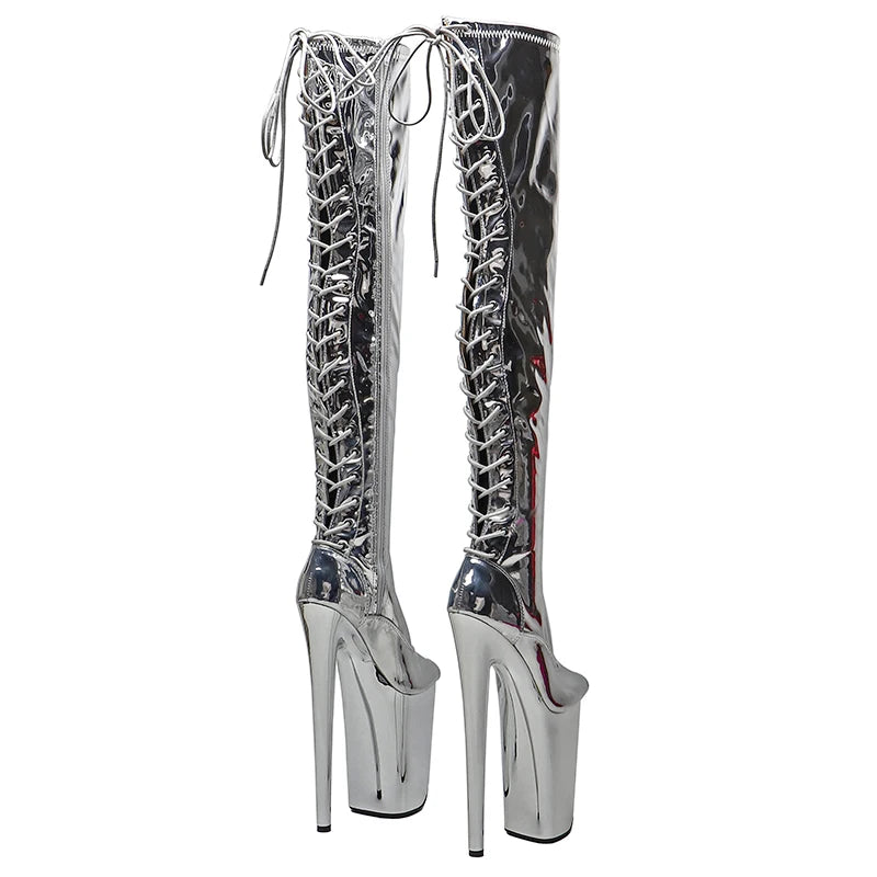 Leecabe 23CM/9 pouces Tige en PU brillant Bottes sexy Petit bout ouvert Argent électroplaqué Talons hauts Plateforme Pole Dance chaussures