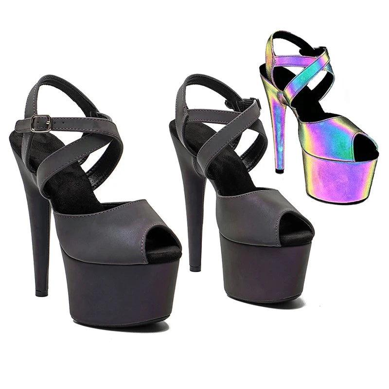 Leecabe 17CM/7 pouces Veilleuse holographique PU Sandales Pole Dancing Chaussures Talons Hauts Chaussures De Danse De Discothèque