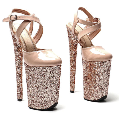 Leecabe 23CM / 9inches  Patent  PU  with Glitter   fashion  closed  toe  Platform High Heels Sandals Pole Dance shoes