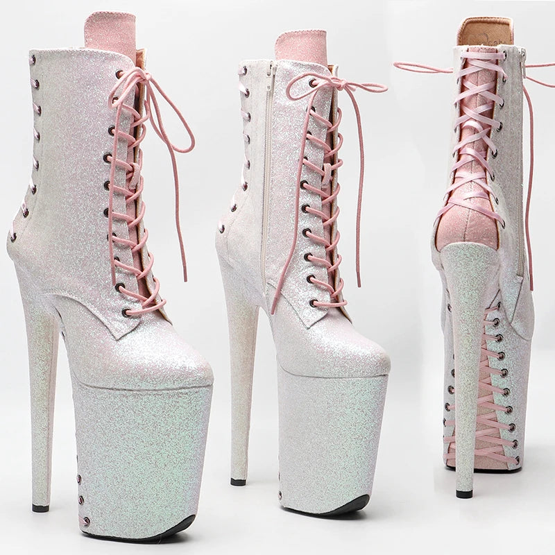 Leecabe 23CM/9inches   White color  mix pink color Glitter  PU  Pole dancing platform Pole Dance boots