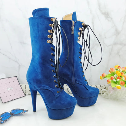 Leecabe Blue Suede 15CM/6inches Pole dancing shoes High Heel platform Boots closed toe Pole Dance booties