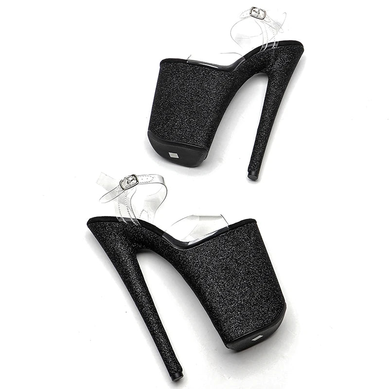 Leecabe 23CM/9inches PVC  upper Glitter material cover Platform   High Heels Sexy Sandals Pole Dance shoes