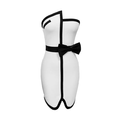 Damen Patchwork Mini Bandage Schwarze Schleife Trägerlos Bodycon 2023 Sommer Sexy Elegante Club Promi Abend Party Kleider