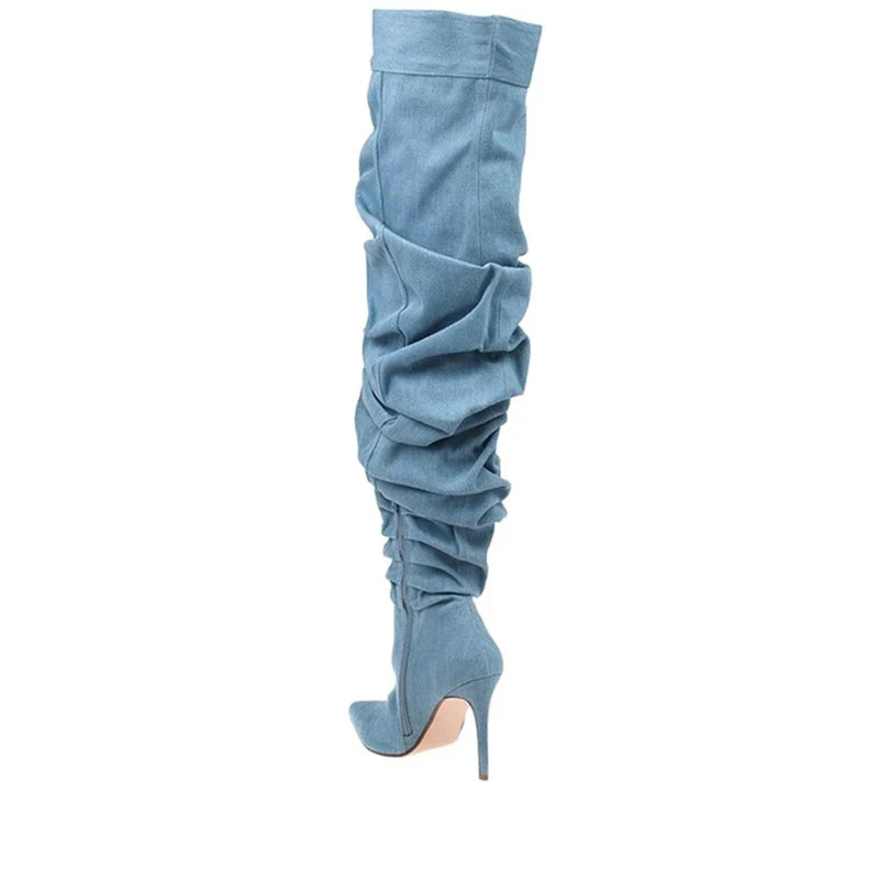 2023 Over Knee Pleated Denim Boots Europe and America 35-43 Fashion  New Pointed Boots Autumn Women's Suede High-heeled Boots