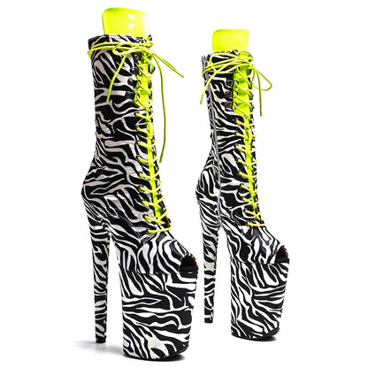 Leecabe 23CM/9inches Zebra-Streifen PU Sexy Fashion Trend offene Spitze High Heels Plateau Stripper Absatz Pole Dance Stiefel