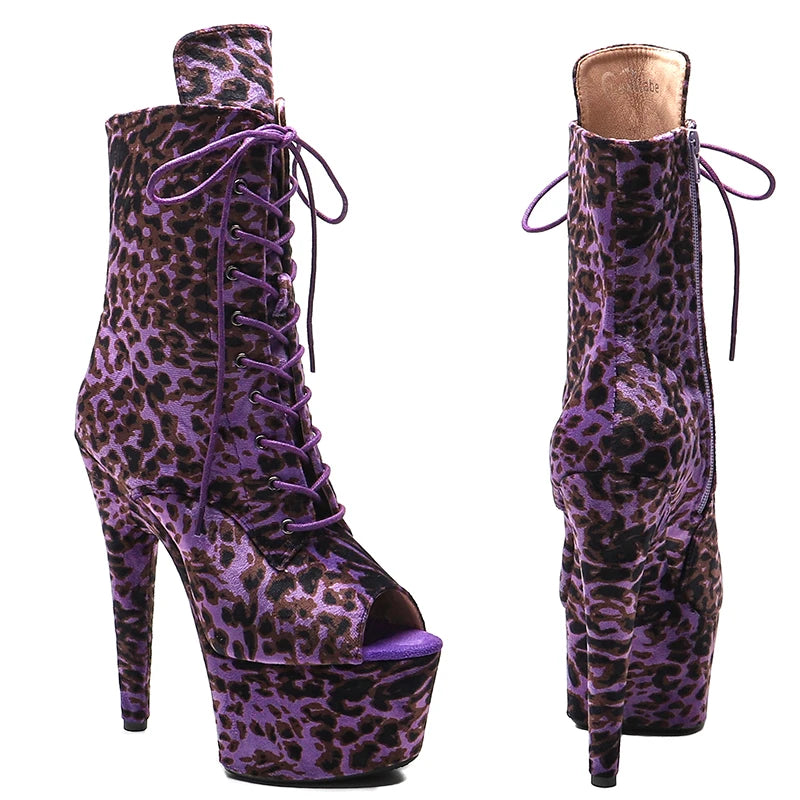 Leecabe 7inch/17CM leopard material  High Heel platform Boots  Pole Dance shoes