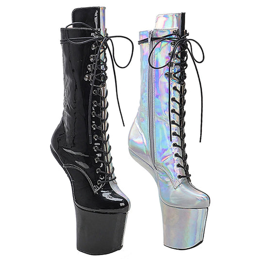 Leecabe Bottines à plateforme noires brillantes avec tige en PU argenté Chaussures de pole dance sexy et exotiques sans talons