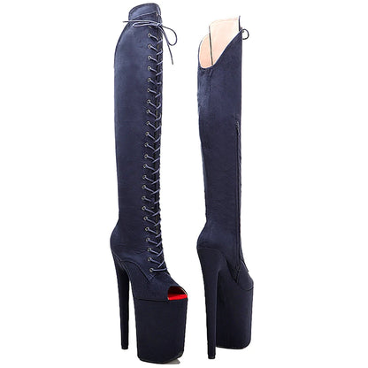 Leecabe Sexy Stiefel aus Wildleder 23CM/9 Zoll Offene Zehen High Heels Plateau Pole Dance Schuhe