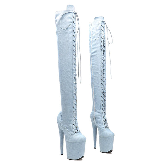 Leecabe 20CM/8Inch Denim PU UPPER Plateforme disco fête Chaussures à talons hauts Pole Dance boot