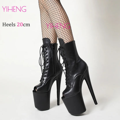 Bottines de danse à plateforme sexy à bout ouvert de 8 pouces et talon de 4 pouces, chaussures de strip-teaseuse noires mates à lacets, livraison rapide, taille 35-41