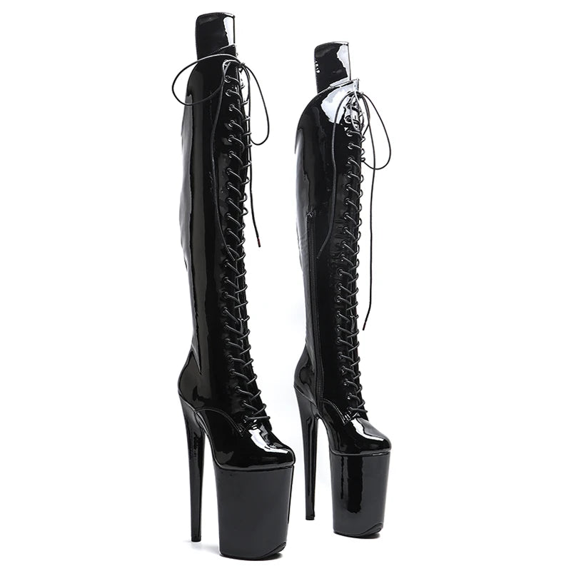 Leecabe 23CM/9 pouces Tige en PU verni brillant Plateforme tendance à la mode Talon haut talon strip-teaseuse Botte de pole dance