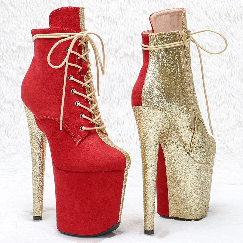 Leecabe  20CM/8inches Two color Mix Red with gold glitter color Pole dancing shoes High Heel closed toe Pole Dance boots