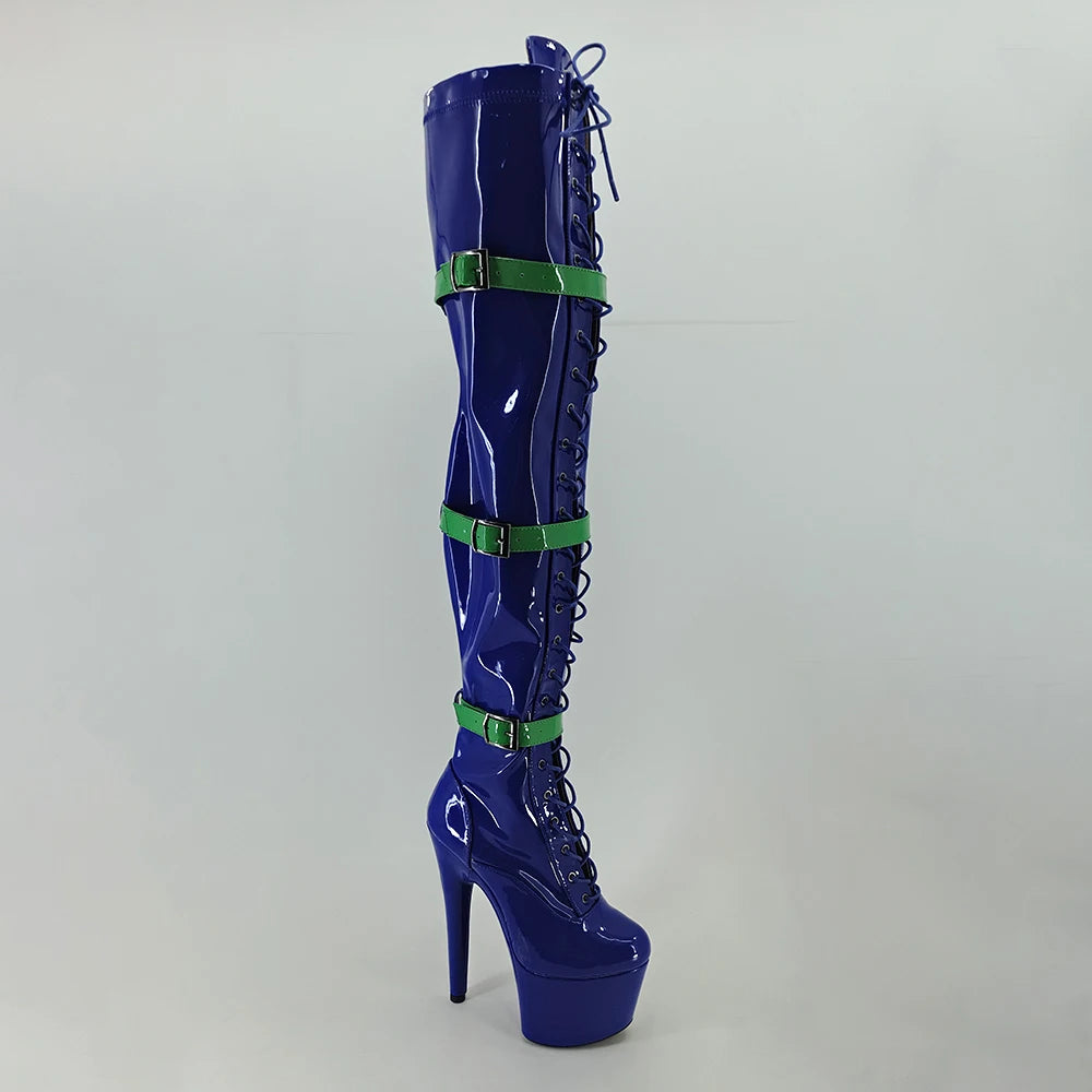 Leecabe Blue PU 17CM/7inches Pole dancing shoes High Heel platform Pole Dance boot