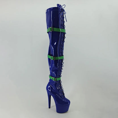 Leecabe Blue PU 17CM/7inches Pole dancing shoes High Heel platform Pole Dance boot