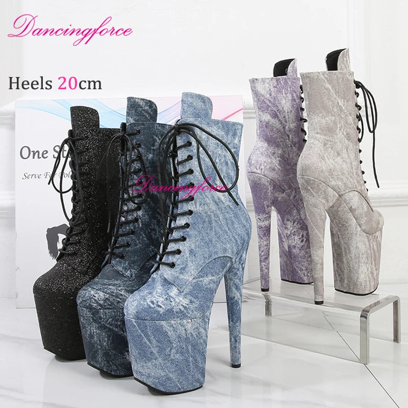 Sexy Denim Pattern 8Inches 20cm Exotic Pole Dance Shoes Super High Heels Wrapped Platform Model Dancing Ankle Boots