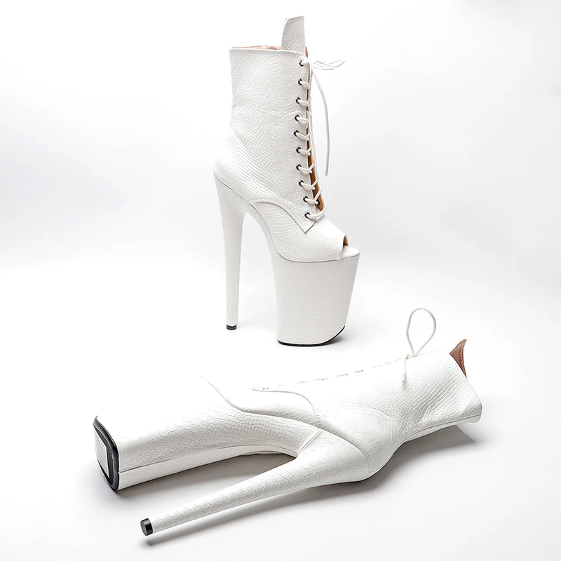 Leecabe White color Snake PU 23CM/9inches open toe  Pole dancing platform Pole Dance boots