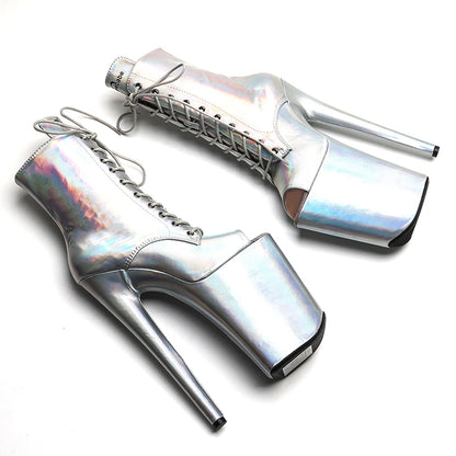 Leecabe 23CM/9 zoll Glänzendes PU Obermaterial silber farbe Mode trend offene spitze High Heels Pole Dance stiefel