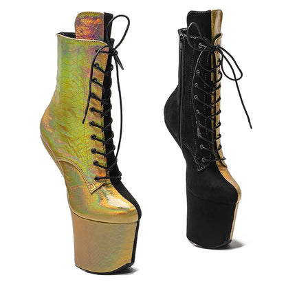 Leecabe Heelles Style Snake PU with suede  Upper Platform Ankle Boots Sexy Exotic heelless pole dance shoes