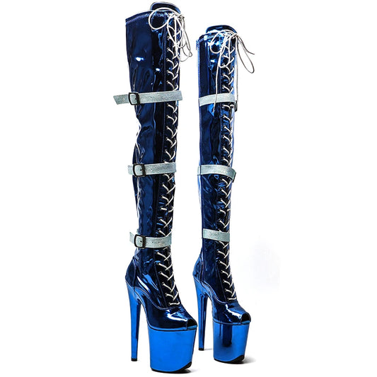 Leecabe 20CM/8 pouces Tige en PU brillant Bout ouvert Tendance de la mode Bottes à talons hauts Bottes de pole dance