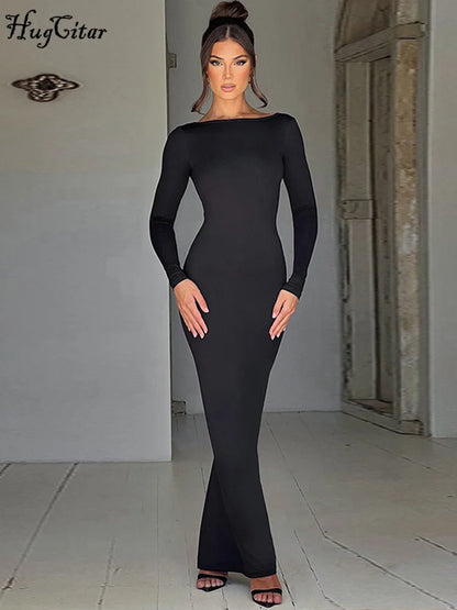 Hugcitar Frühling Elegant Langarm Rückenfrei Einfarbig Cuched Sexy Bodycon Maxi Ballkleid Frauen Outfit Abend Party Festival Y2K